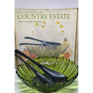 VTG Anchor Hocking Country Estate Avocado Green 3Pc Salad Bowl MCM Kitchenware